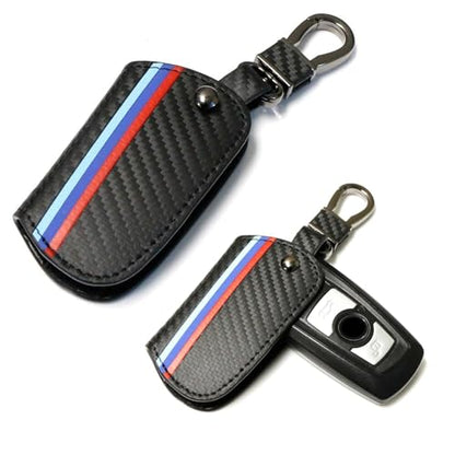 iJDMTOY Iconic 3-Color Stripe Black Carbon Fiber Pattern Leather Key Holder with Keychain Compatible With BMW 1 2 3 4 5 6 7 Series X3 Remote Fob - style: Compatible With 2 3 4 5 6 7 Series X1 X3 X4