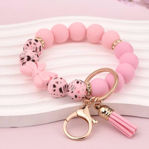 BAOSIWA Silicone Beaded Keychain Wristlet Key Ring Bracelet Cute Car Key Chain Holder for Women Girls - color: Bow
