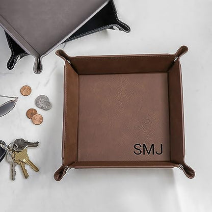 Lifetime Creations Monogrammed Valet Tray (Black) - Personalized Vegan Leather Catchall, Change Tray, Groomsmen Gift, Desk Dresser Organizer - color: Black - Monogrammed