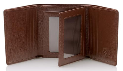 Stealth Mode Leather Trifold RFID Wallet For Men With Flip Out ID Holder | Top grain Napa leather, 3 ID windows, 10 card slots holding 15+ cards — a great gift for dads, husbands, and sons - color: Brown Pebble