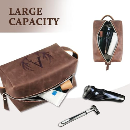 Personalized PU Leather Travel Toiletry Bag for Men Engraved Initial - color: Dark Brown, style: H