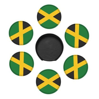 Jamaica Flag Leather Drinks Coasters with Holder, Set of 6, Suitable for Various Cups - color: Jamaica Flag