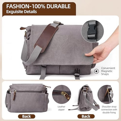 Messenger Bag for men Laptop Bag UnisexRetro Canvas Bag14-15.6 inches Casual single shoulder bag For Work College Travel - color: Grey