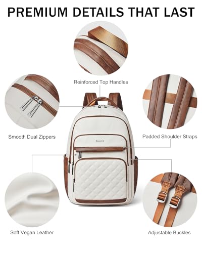 Bluome Work Backpack for Women Men, Laptop Vegan Leather Backpack Purse with 15.6–17 Inch Laptop, Multi-Pocket Bookbag for Office Travel Gym Weekend Overnight Bag, Beige - color: Beige
