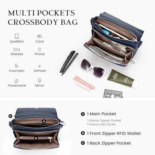 befen Genuine Leather Crossbody Bags for Women Medium Purse with Built in RFID Wallets Womens Cross Body Travel Purses - color: Navy Blue