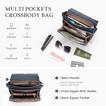 befen Genuine Leather Crossbody Bags for Women Medium Purse with Built in RFID Wallets Womens Cross Body Travel Purses - color: Navy Blue