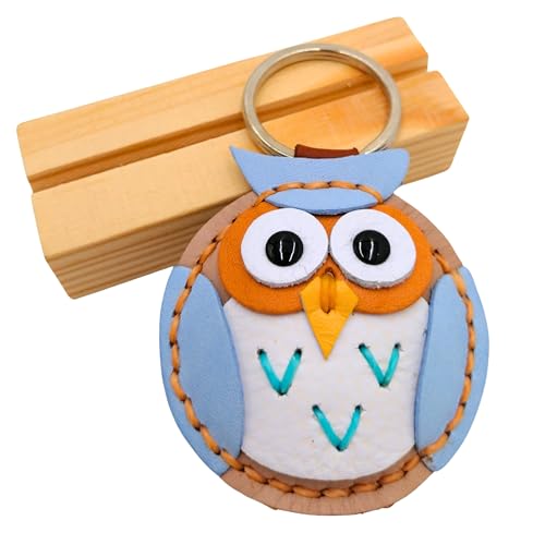 Genuine Leather Keychain, Animal Keyring, Bag Purse Charm Pendant Gifts Handmade, Cute Key Holder, Pets Lover Accessories - color: Owl Light Blue - Nude