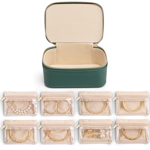 VLANDO Travel Jewelry Box with 8 Clear Velvet Zipper Pouches,Green | Travel Essentials,Individual Zipper Pouches,Necklaces,Bracelets Organizer,Women Brides Travel Birthday Gift - color: C.8PCS Green