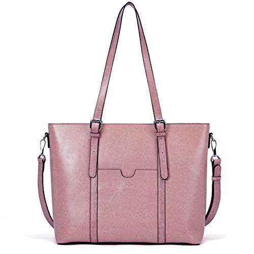 BOSTANTEN Genuine Leather Laptop Bag for Women 15.6'' Briefcase Tote Bags | Laptop Compartment, Structured, Professional, Detachable & Adjustable Shoulder Strap, Metal Feet, Work, Office, Business - color: K-pink