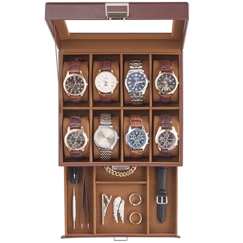 ProCase Watch Case, 8 Slot Mens Watch Box with Drawer -Espresso | 2-Layer Jewelry Box Display Case Holder Organizer for Men, Clear Lid, Dad Friend Father Anniversary Christmas Birthday Gift - color: Espresso, size: 8-Slot