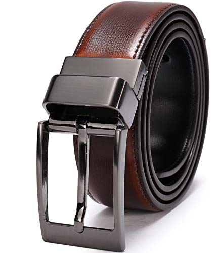 beltox fine Men's Dress Belt Leather Reversible 1.25" Wide Rotated Buckle Gift Box - color: Black Buckle With Cognac/Black Belt, size: 32-33