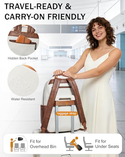 Bluome Work Backpack for Women Men, Laptop Vegan Leather Backpack Purse with 15.6–17 Inch Laptop, Multi-Pocket Bookbag for Office Travel Gym Weekend Overnight Bag, Beige - color: Beige