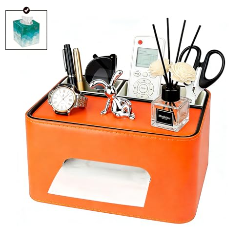 PU Leather Tissue Box Cover Square, Multifunctional Holder with Storage | Fits 120-Count (3-Ply) & 160-Count (2-Ply) Cube Tissues, Remote Control Organizer for Bedroom Desk Living Room (Orange) - color: Orange