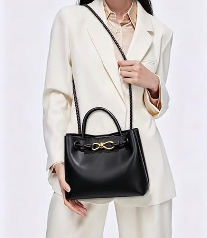 Woven Tote Bag for Women Leather Shoulder Handbag Designer Top Handle Purses - color: D-chocolate