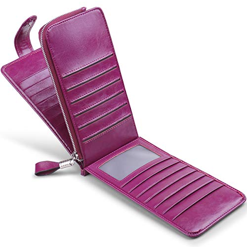 Women's Genuine Leather Credit Card Holder RFID Long Zipper Purse Wallet - color: Purple
