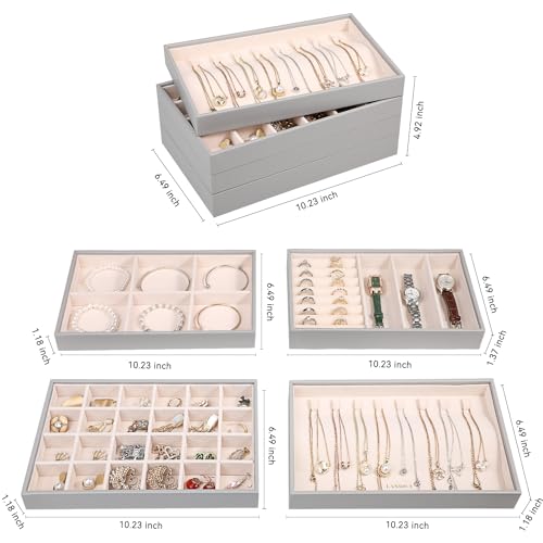 LANDICI 4-Piece Stackable PU Leather Jewelry Organizer Trays, Grey | Four stackable PU leather trays with flannel lining, ring rolls, necklace hooks and removable dividers for customized storage - color: Grey