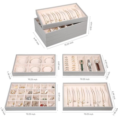 LANDICI 4-Piece Stackable PU Leather Jewelry Organizer Trays, Grey | Four stackable PU leather trays with flannel lining, ring rolls, necklace hooks and removable dividers for customized storage - color: Grey