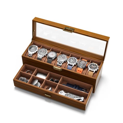 Watch Case Box for Men - Ultra-thin Frame Wide Display 7 Slots 2-Layer Wood Grain Watch Storage Organizer with Jewelry Drawer, Real-glass Display Case Collection Box Gift for Dad Husband - size: 7 Slots, Wooden Pattern