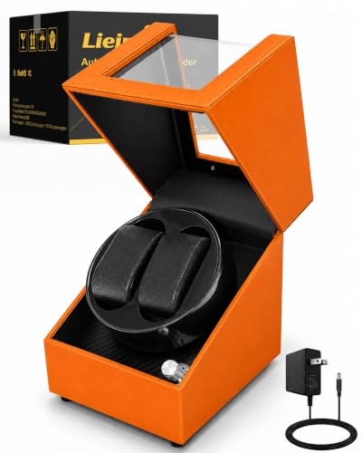 Automatic Watch Winder for Rolex and Auto Watches, Leather 2 Slots Rotating Watch Box with Japanese Quiet Motor & Blue LED, Double Winding Watch Case Used for Display, Storage & Gifts, Orange - color: Orange