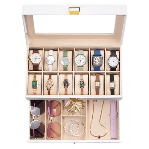 ProCase Watch Box, 12 Slot Watch Case for Men with Drawer, White | 2-Layer Watches Display Case with Glass Lid, Mens Jewelry Box Storage Holder Organizer, Anniversary Christmas Birthday Gift - color: White, size: 12-Slot
