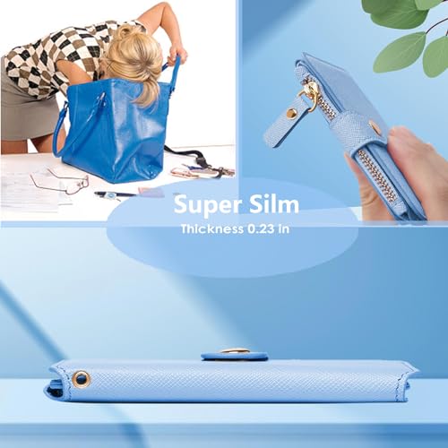 M-Plateau RFID Blocking Keychain Wallet With Leather Wrist Strap | Keychain Wristlet, Womens Card Holder with Zipper Coin Pocket and ID Window - color: Sky Blue