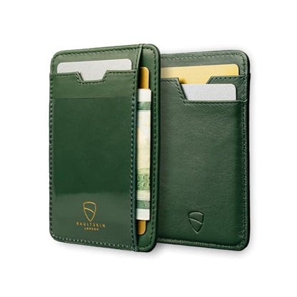 Vaultskin BRIXTON Slim Top-Grain Leather Card Wallet with ID Window, RFID | Small thin minimalist front pocket credit and cash holder case for men, women and ladies, scan-proof blocking, everyday carry - color: Hunter Green