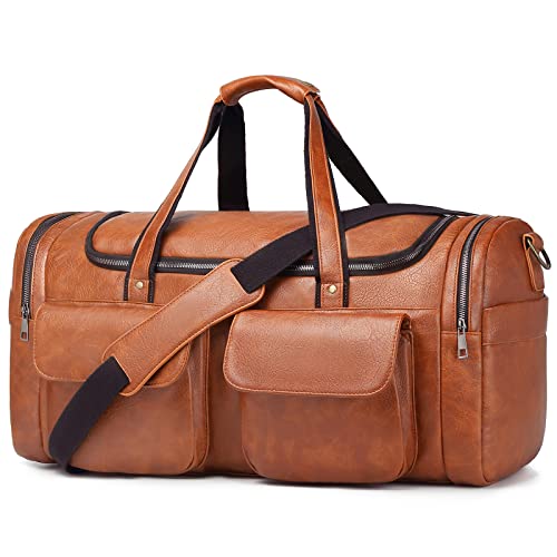 Travel Duffel Bag for Men Women, Large PU Leather Carry on Duffle Bags for Traveling, Waterproof Overnight Weekender Duffel Bag with Shoe Compartment - Perfect for Daily Use/Birthday Gift - color: Brown