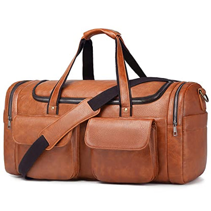 Travel Duffel Bag for Men Women, Large PU Leather Carry on Duffle Bags for Traveling, Waterproof Overnight Weekender Duffel Bag with Shoe Compartment - Perfect for Daily Use/Birthday Gift - color: Brown