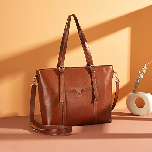 BOSTANTEN Genuine Leather Laptop Bag for Women 15.6'' Briefcase Tote Bags | Laptop Compartment, Structured, Professional, Detachable & Adjustable Shoulder Strap, Metal Feet, Work, Office, Business - color: A-brown