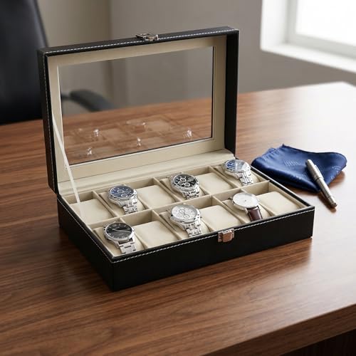 12 Slot Leather Watch Box Display Case Organizer with Framed Glass Lid Elegant Contrast and Removable Pillow for Men and Women Watch and Jewelry Large Holder Boxes