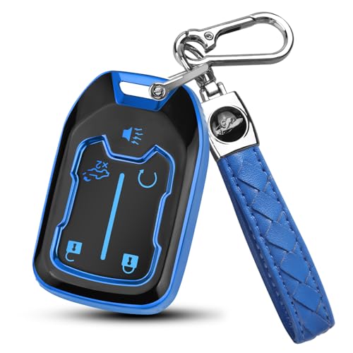 FT FUNTOR for GMC Key Fob Cover with Keychain | Compatible with 2017-2024 Chevy Silverado GMC Sierra Terrain Acadia 1500 2500HD 3500HD, 5-Button, Soft TPU Material - color: Blue