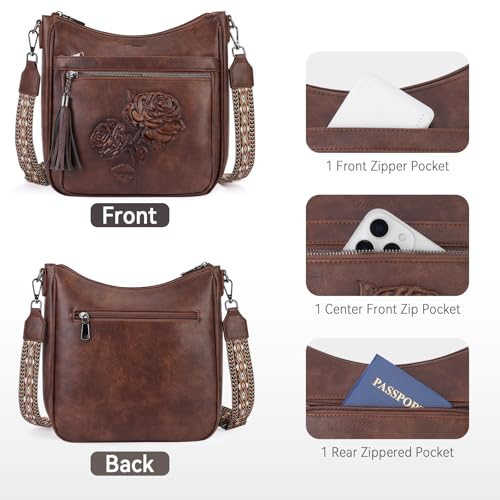 Medium Crossbody Bags for Women,Vegan Leather Hobo Purses Embossed | Women's Shoulder Handbags with Adjustable Boho Strap for Daily Travel Lightweight Cross body Purses with Multi Pockets - color: 03-coffee