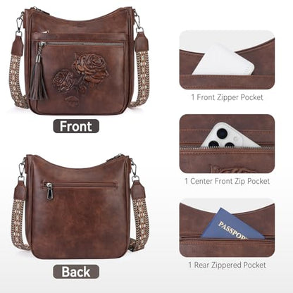 Medium Crossbody Bags for Women,Vegan Leather Hobo Purses Embossed | Women's Shoulder Handbags with Adjustable Boho Strap for Daily Travel Lightweight Cross body Purses with Multi Pockets - color: 03-coffee