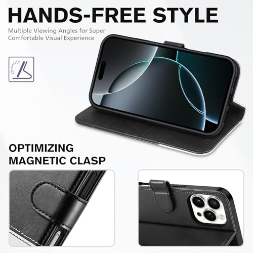 TUCCH Wallet Case for iPhone 16 Pro (6.3"), 4 Card Holders, Black & White | RFID Blocking, Viewing Stand, Shockproof TPU Shell, PU Leather, Magnetic Closure, Protective Folio Flip Cover - color: Black & White