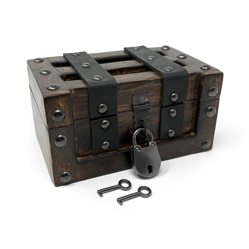 Nautical Cove Deluxe Handmade Rectangular Wooden Treasure Chest – Flat Lid Design with Real Leather Accents, Working Iron Lock & Skeleton Keys, Decorative Storage Box (X-Small - 5.5 x 3.5 x 2.75) - size: X-Small 5.5 x 3.5 x 2.75