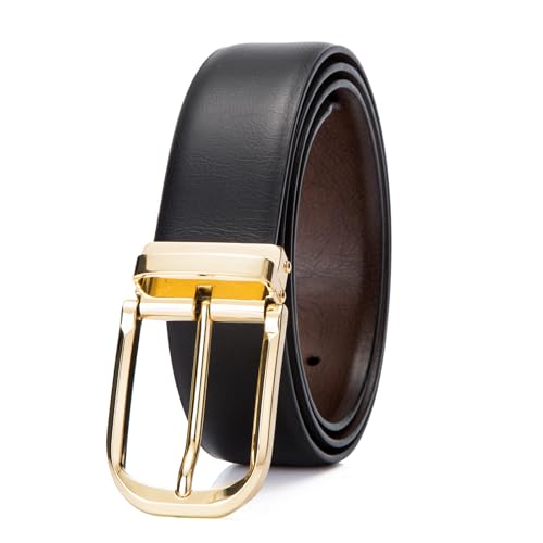 Mens Belts Leather Reversible 1.25" Black Dress Belt for Men - color: Gold Buckle Belt, size: Fits Waist 30"-38"
