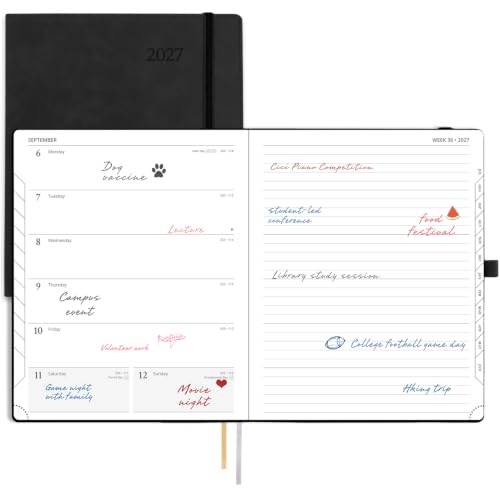 POPRUN 2027 Planner Weekly and Monthly, 8.5''x 10.5'' Calendar Notebook | 2027 Appointment Book(JAN.27 - DEC.27) Daily Planner with Note Page, Monthly Tabs, Leather Soft Cover, 100GSM - Black - color: Black, size: Large-8.5" X 10.5", style: Calendar Year