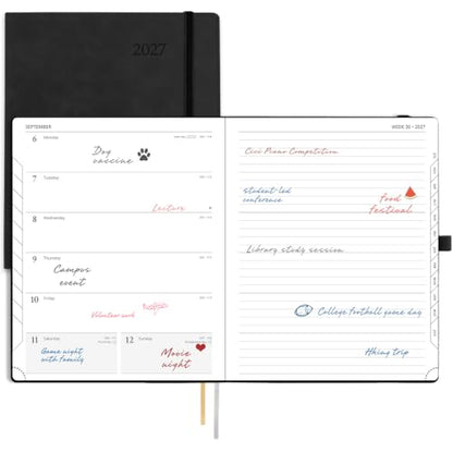 POPRUN 2027 Planner Weekly and Monthly, 8.5''x 10.5'' Calendar Notebook | 2027 Appointment Book(JAN.27 - DEC.27) Daily Planner with Note Page, Monthly Tabs, Leather Soft Cover, 100GSM - Black - color: Black, size: Large-8.5" X 10.5", style: Calendar Year