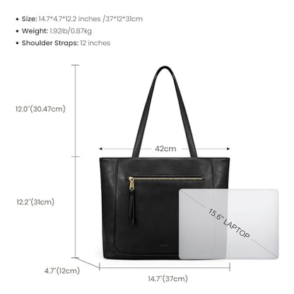 befen Genuine Leather Tote Bag for Women, Large Work Tote Bag with Zipper Leather Purse and Handbags with 15.6" Compartment - color: Black