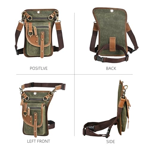 Canvas + Leather Motorcycle Travel Fanny Waist Pack Drop Thigh Leg Bag Pouch For Men Women FB2141 - color: 2141-The Army Green