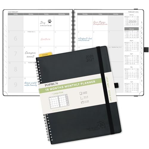 POPRUN Monthly Planner 2026-2027 (Large 8.5" x 10.5") 18 Months Calendar (Jan 2026 - Jun 2027) - 4 Pages per Month with Expense & Notes, Stair-like tabs, Leather Cover, Sunday Starts - Black - color: Black, size: Large -8.5" x 10.5", style: Jan.2026-Jun.2