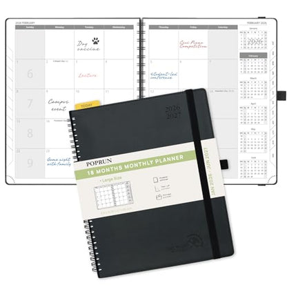 POPRUN Monthly Planner 2026-2027 (Large 8.5" x 10.5") 18 Months Calendar (Jan 2026 - Jun 2027) - 4 Pages per Month with Expense & Notes, Stair-like tabs, Leather Cover, Sunday Starts - Black - color: Black, size: Large -8.5" x 10.5", style: Jan.2026-Jun.2
