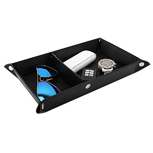Luxspire Valet Tray, PU Leather Catchall Tray for Men Women, Removable Two Compartments Desk Storage Plate for Key Coin Phone Jewelry Wallet - Black, Double Grid (TRAY124) - size: 13" x 8.7" x 0.2"