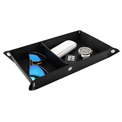 Luxspire Valet Tray, PU Leather Catchall Tray for Men Women, Removable Two Compartments Desk Storage Plate for Key Coin Phone Jewelry Wallet - Black, Double Grid (TRAY124) - size: 13" x 8.7" x 0.2"