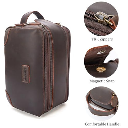 Polare Full Grain Leather Travel Toiletry Bag Dopp Kit Large Cosmetic Travel Case Shaving Kit Wash with YKK Zippers
