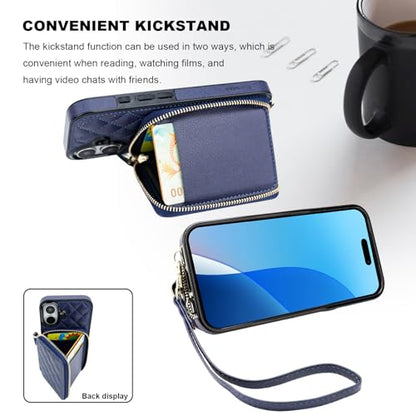 Bocasal Crossbody Wallet Case Card Holder for iPhone 16, Dark Blue | RFID Blocking PU Leather Zipper Handbag Purse, Kickstand Flip Folio Case with Card Slots Holder Wrist Strap Lanyard 6.1 Inch - color: Dark Blue