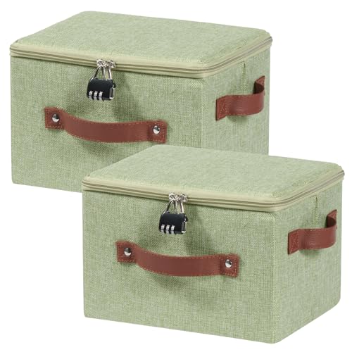 2PCS Lockable Storage Bins Box with Zipper Lid Combination Lock | Cotton Linen Fabric Baskets, Foldable Washable Closet Shelf Organizer Container, w/ PU Leather Handles, Light Green, Small - color: Light Green, size: Small ( Set of 2 )