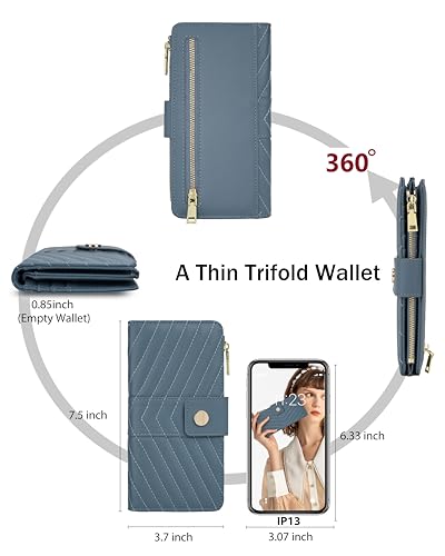 Blue Women's Trifold Wallet,Large Capacity RFID Long Wallet | 16 Card Slots,2 ID Windows,4 Bill Compartments,Vegan Leather,Double Zipper Pockets,Large Capacity Organizer - color: Denim Blue, size: Trifold