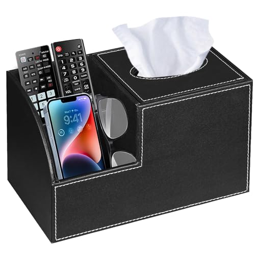 PU Leather Square Tissue Box Cover,Multi-Functional Tissue Cube Box Holder | Facial Tissue Box Cover with Storage,Tissue and Remote Control Holder,Cube Tissue Box Organizer Bedroom,Nightstand,End Table - color: Black
