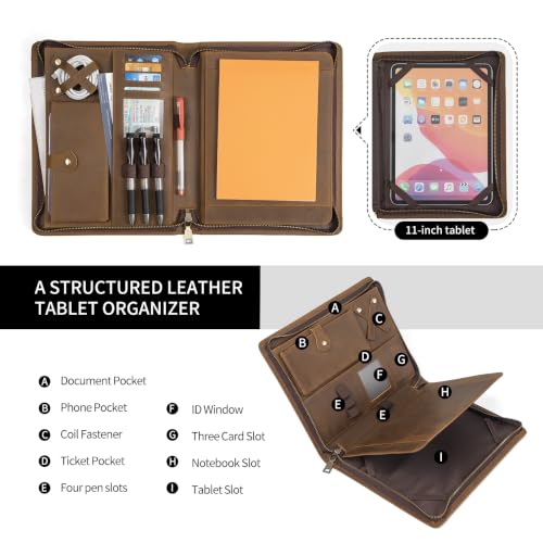 Genuine Leather Portfolio with Zipper for Men/Women, Padfolio Business Resume A4/Pad, Folder Organizer, with Document Pocket, ID Window, Card Slots, Pen Holders (Brown) - color: Brown